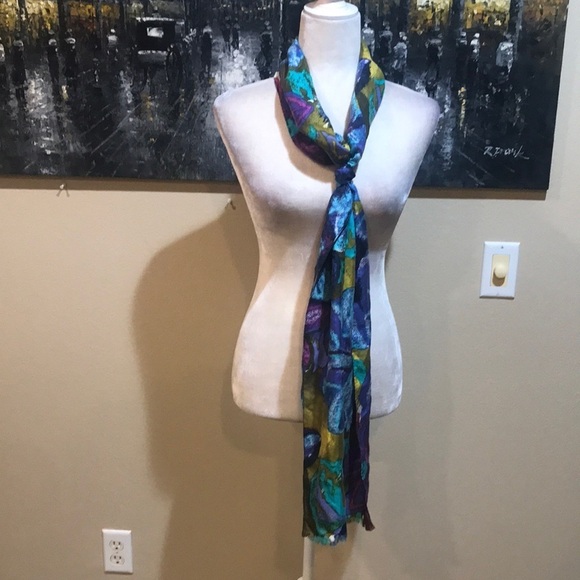 Express Jewel Tone Watercolor 100% Silk Scarf-Size 10x84 - Picture 2 of 8